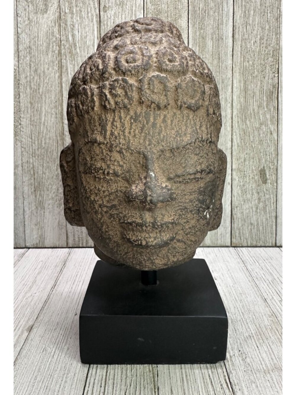 Vintage Khmer Style Buddha Head Statue Sculpture Buddhism Wooden Base 8.25" Tall